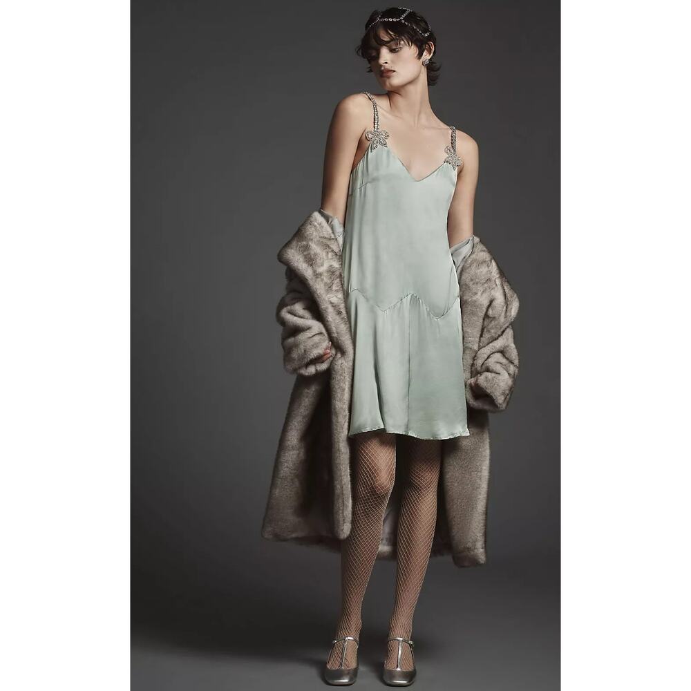 Anthropologie COREY LYNN CALTER Bow Strap Silky 20s Gatsby Dress Green M NWT